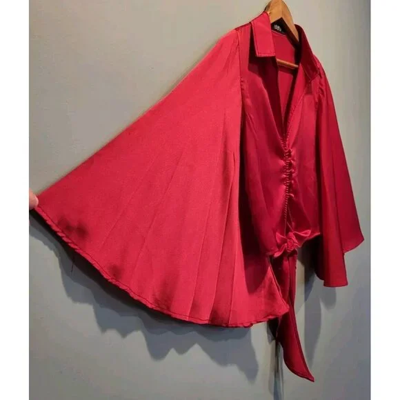 Akira Red Angelic Satin Flared Sleeve Button & Tie Crop Top Sz S V Neck Collared - Picture 3 of 8